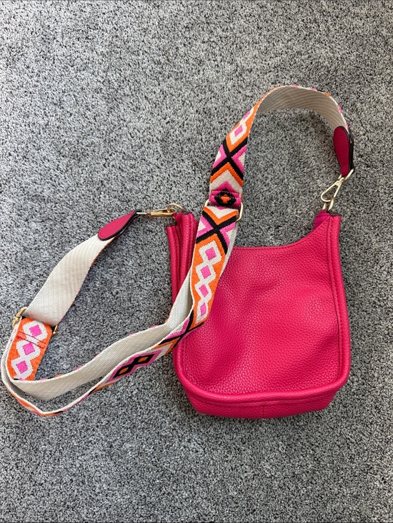 Handbags - Hot Pink Leather Crossbody Bag with Colorful Strap